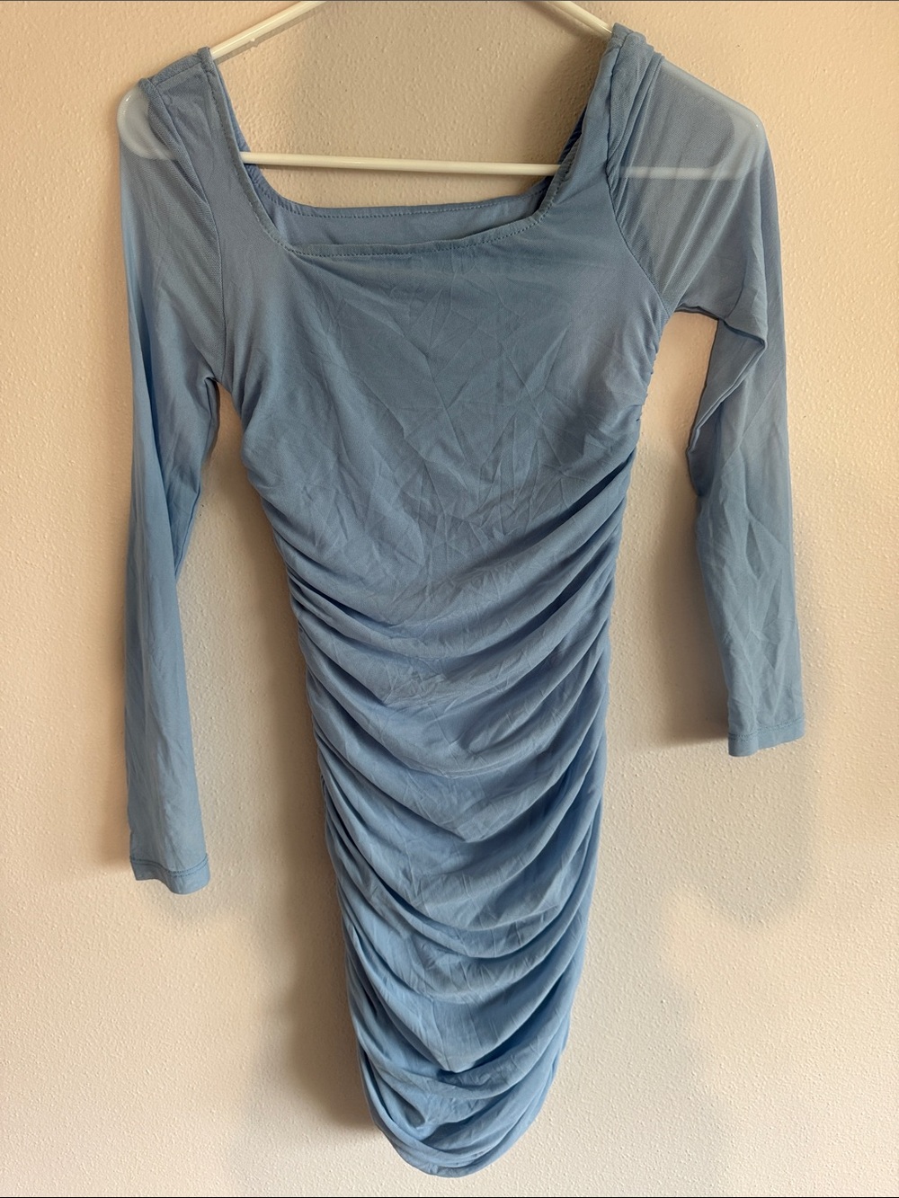 Blue Ruched Long Sleeve Bodycon Dress